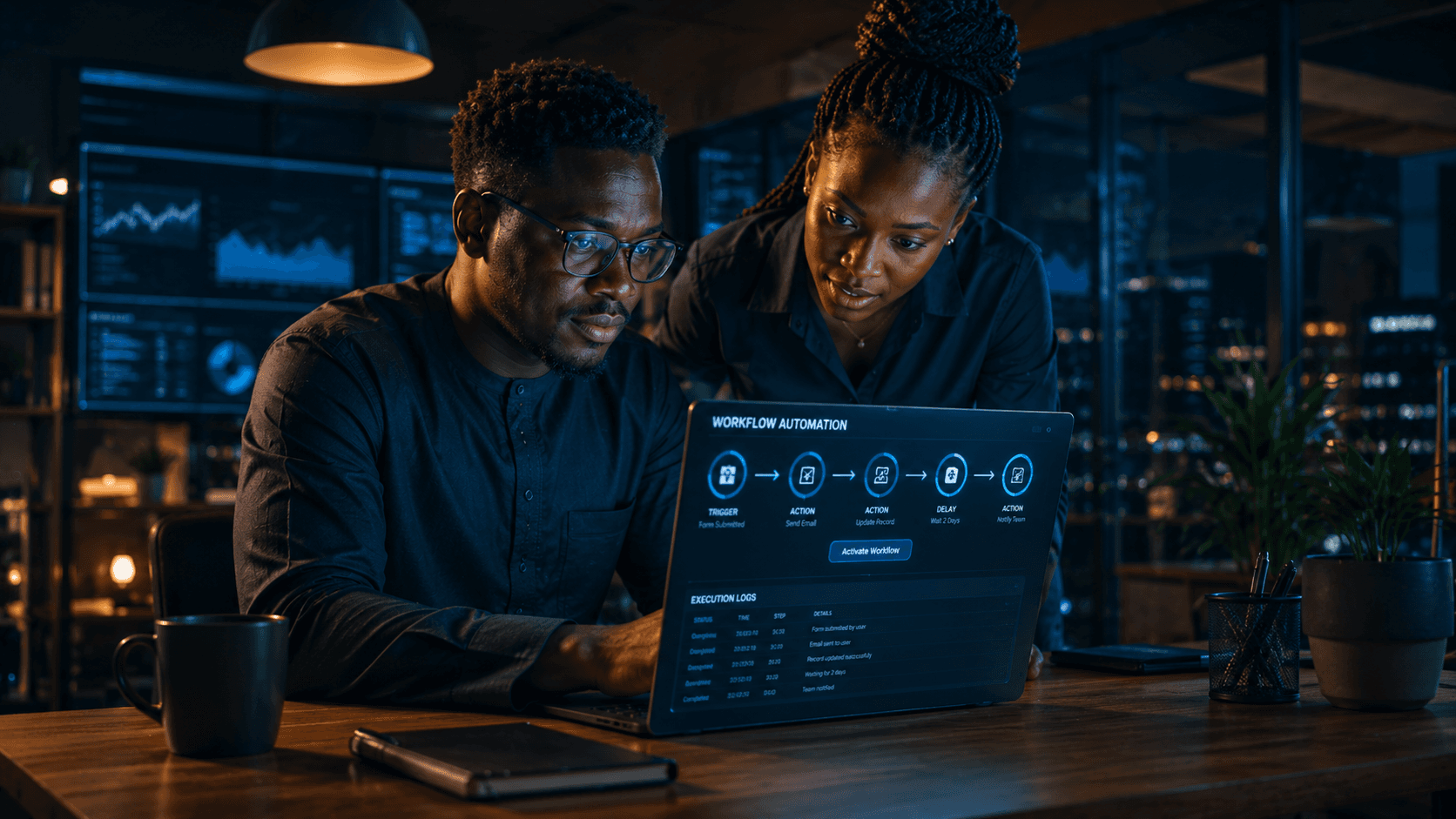 Duo collaborant sur des automatisations